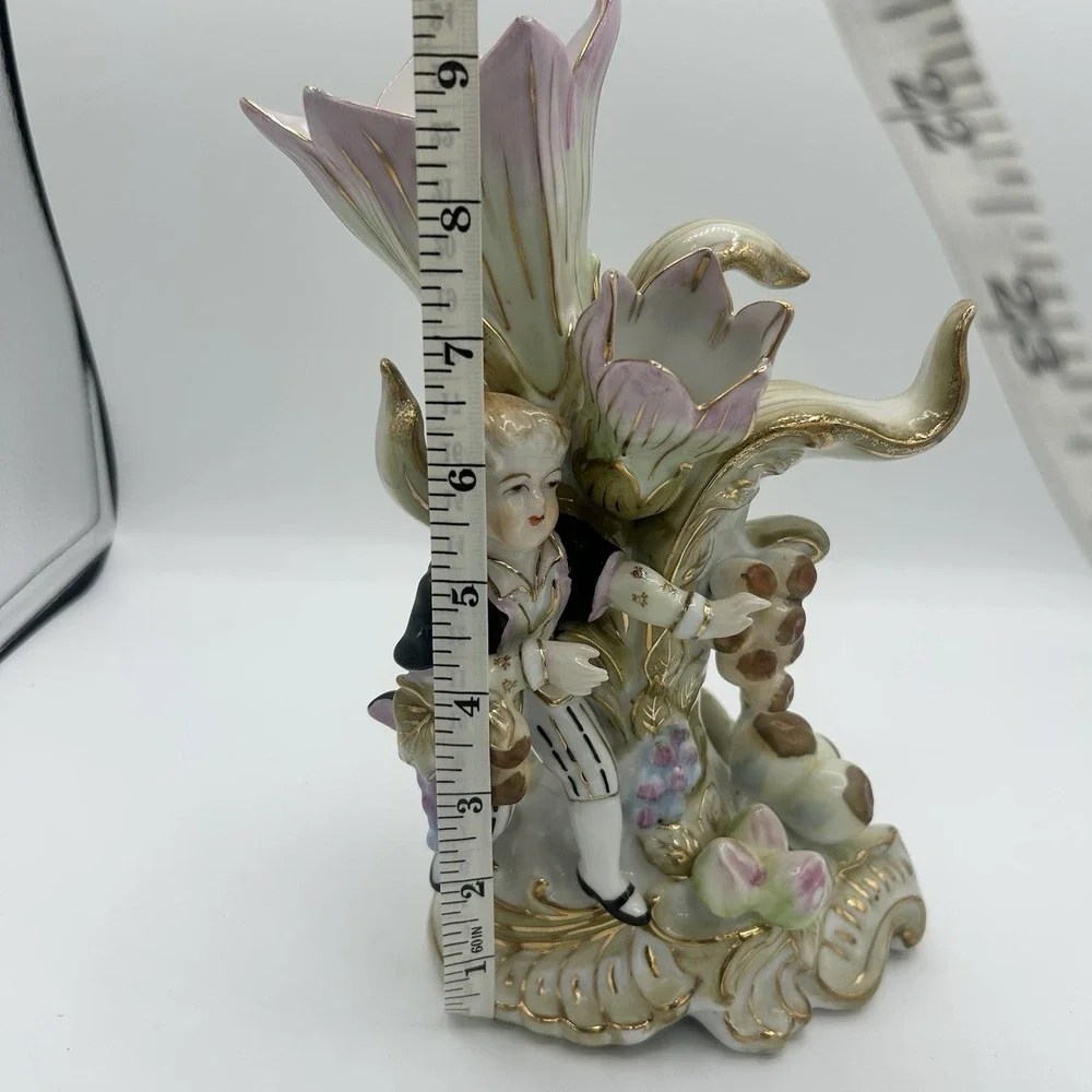2 Pc Lenwile Ardalt Colonial French Boy & Girl Fruit Flower Double Vase Figurine